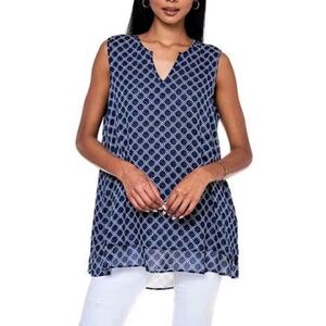 Cristina B navy blue and white sleeveless blouse.